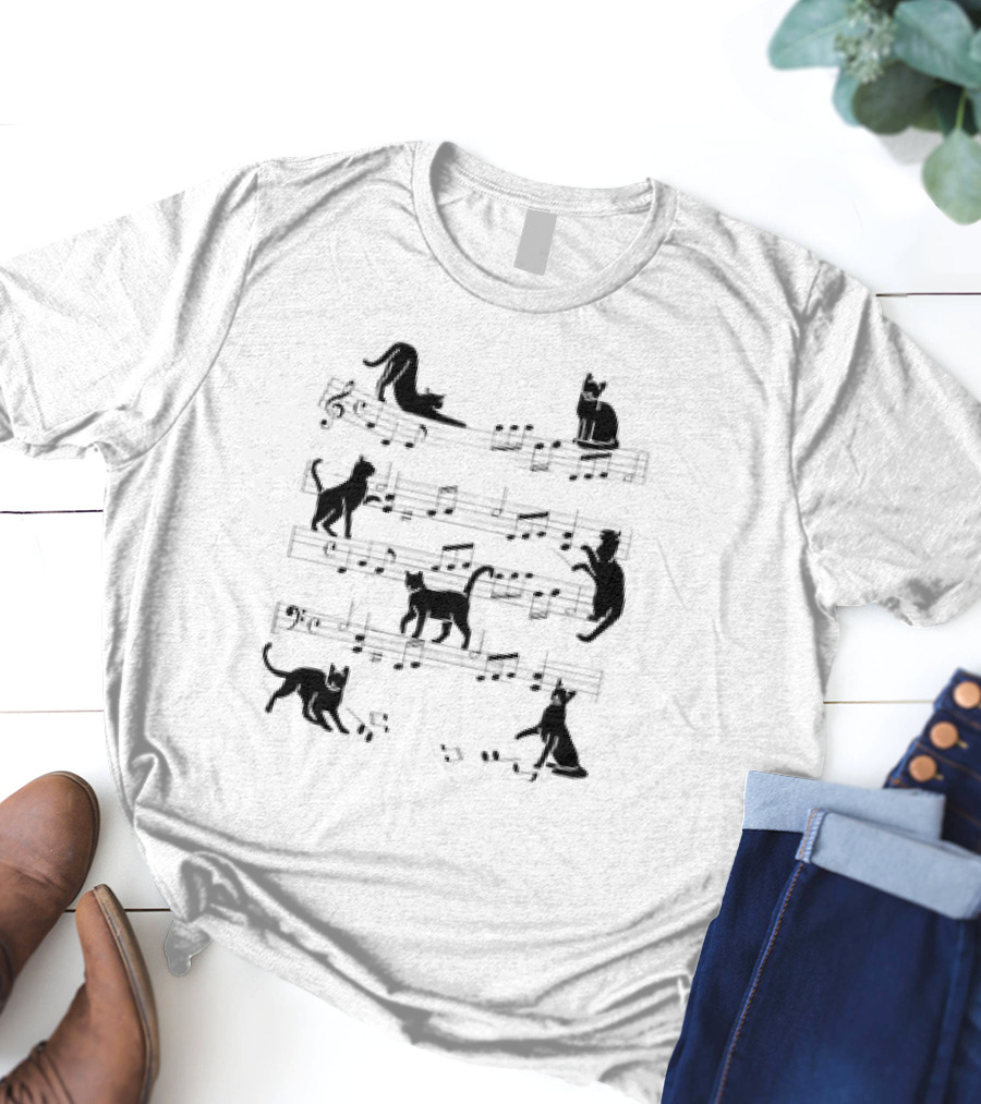 Cat Kitty On Musical Notes Clef Playing Music Piano Musician T-Shirt