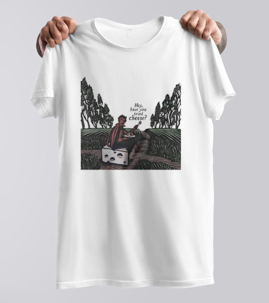 Devil Hey Have You Tried Cheese Sitting On Large Cheese Block In Countryside Scene T-Shirt