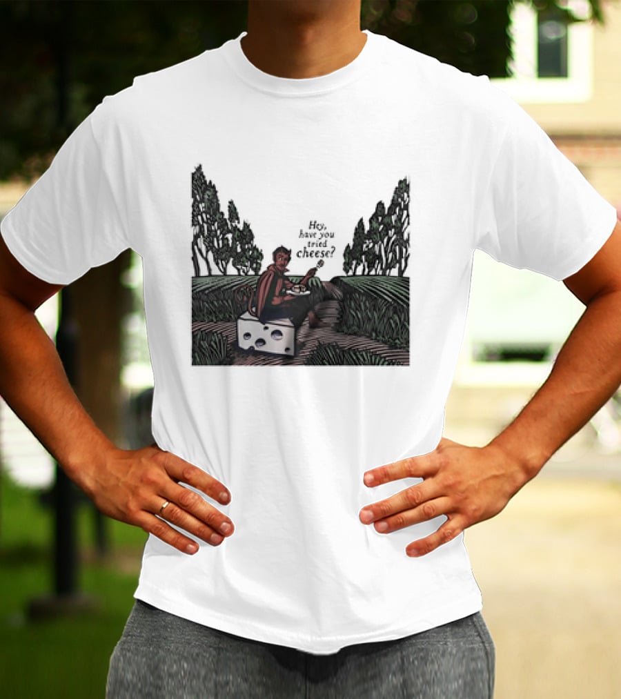 Devil Hey Have You Tried Cheese Sitting On Large Cheese Block In Countryside Scene T-Shirt