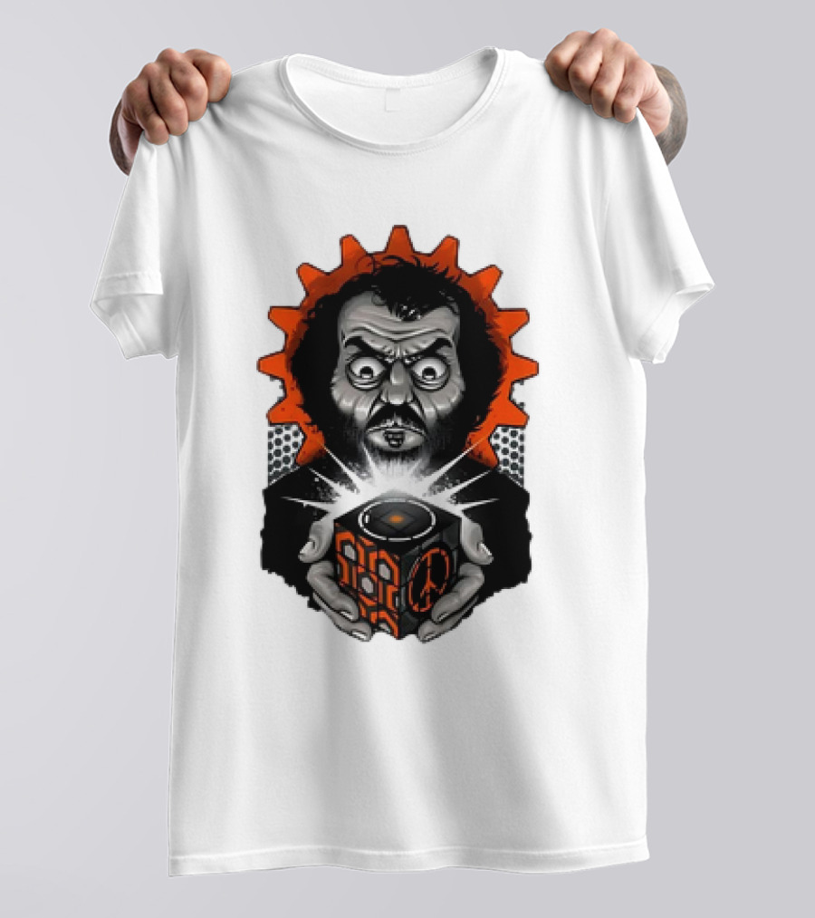 Stanley Kubrick Holding Glowing Cube With Orange Cogs And Geometric T-Shirt