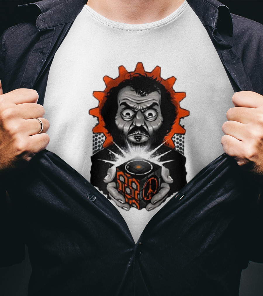 Stanley Kubrick Holding Glowing Cube With Orange Cogs And Geometric T-Shirt