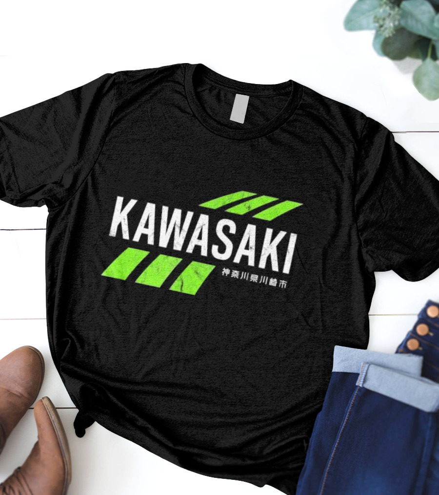 Kawasaki Green City Kanagawa Japanese Text Racing Stripes T-Shirt
