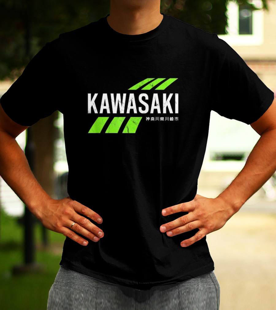 Kawasaki Green City Kanagawa Japanese Text Racing Stripes T-Shirt