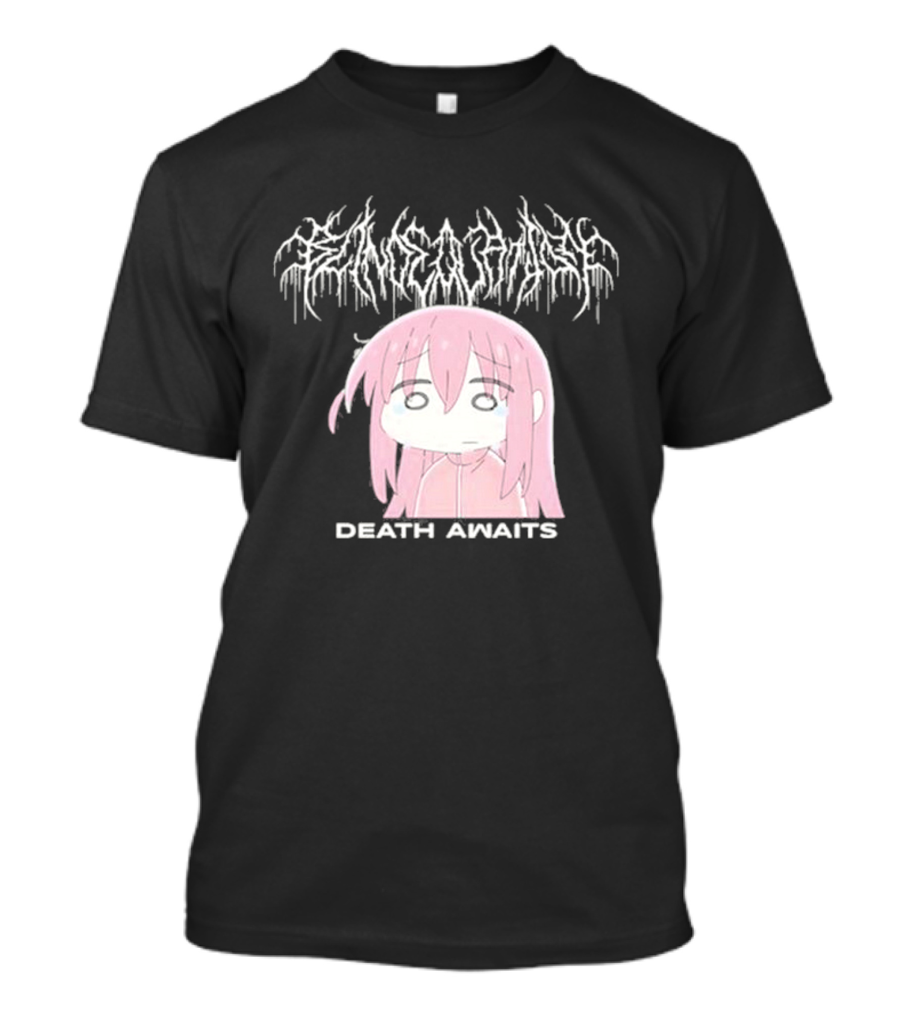 Bocchi The Rock Death Awaits Metal Style Art With Pink-Haired Character T-Shirt