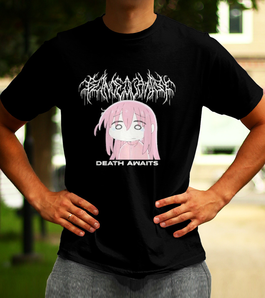 Bocchi The Rock Death Awaits Metal Style Art With Pink-Haired Character T-Shirt