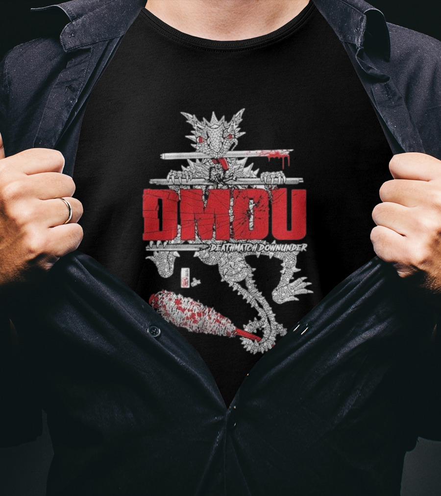 DMOU Deathmatch Downunder Dragon With Barbed Bat And Weaponry T-Shirt