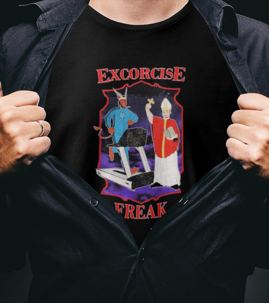 EXCORCISE FREAK Demon On Treadmill With Priest T-Shirt