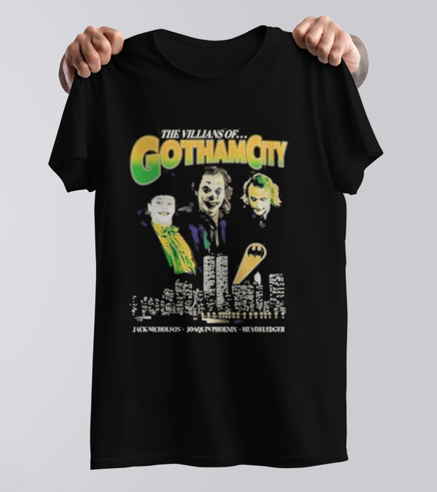 The Villains Of Gotham City Jack Nicholson Joaquin Phoenix Heath Ledger Joker Trio T-Shirt
