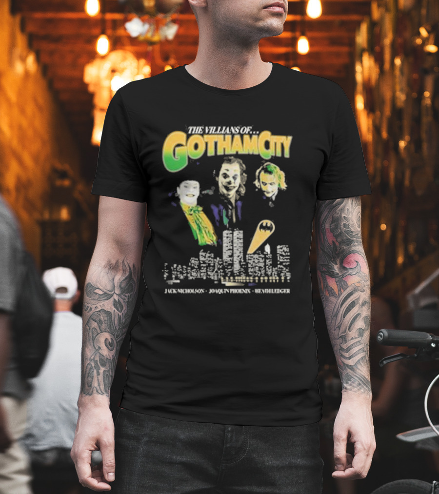 The Villains Of Gotham City Jack Nicholson Joaquin Phoenix Heath Ledger Joker Trio T-Shirt