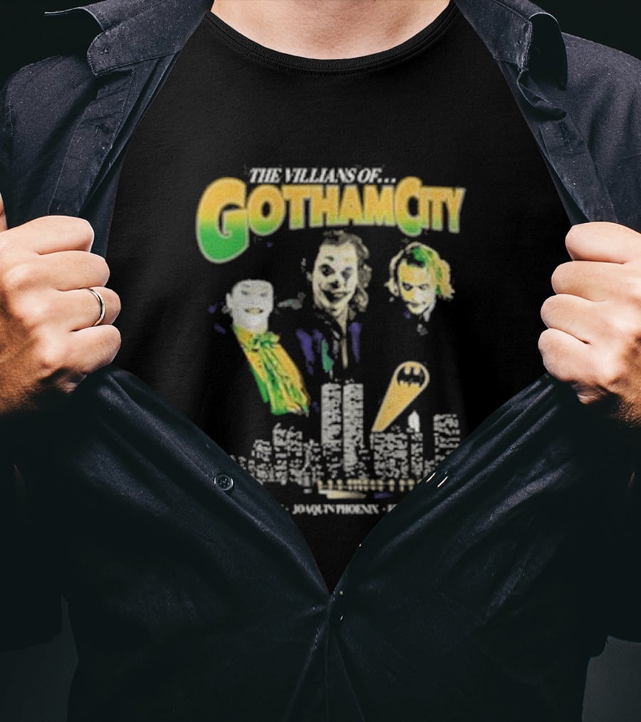 The Villains Of Gotham City Jack Nicholson Joaquin Phoenix Heath Ledger Joker Trio T-Shirt