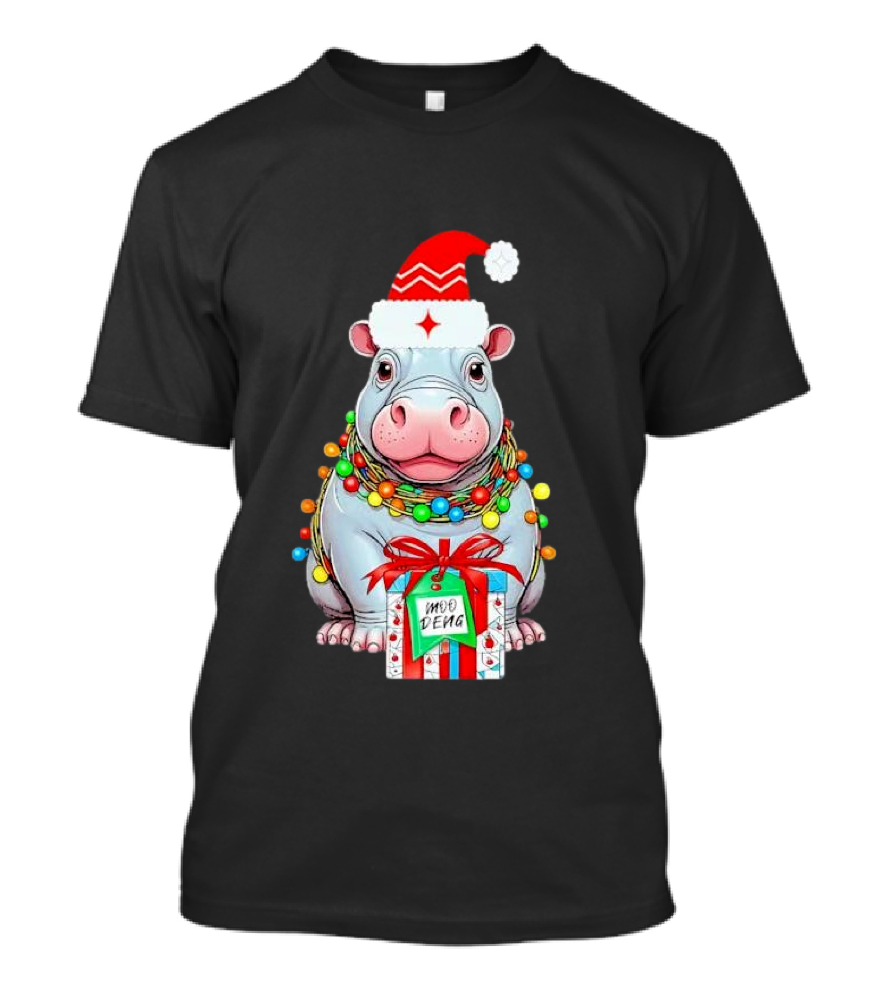 Moo Deng Merry Christmas Lights Tree Santa Hippo With Gift T-Shirt