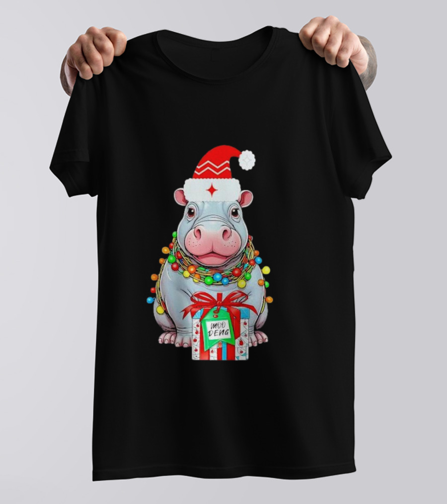 Moo Deng Merry Christmas Lights Tree Santa Hippo With Gift T-Shirt