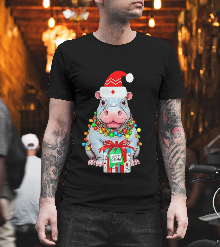 Moo Deng Merry Christmas Lights Tree Santa Hippo With Gift T-Shirt
