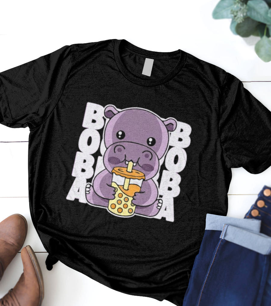 Kawaii Hippo Boba Tea Moo Deng Hippo Boba Boba T-Shirt