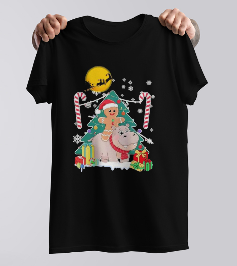 Santa Gingerbread Riding Hippo Christmas Candy Canes Snowflake Christmas Tree T-Shirt