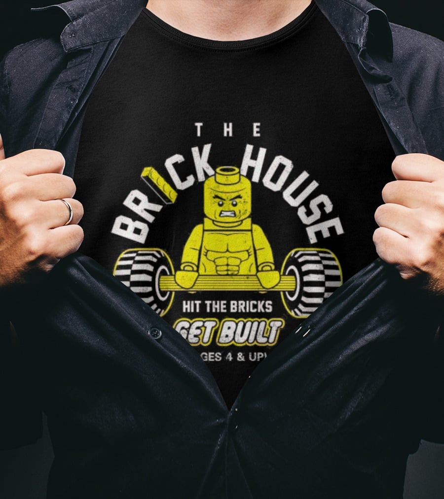The Brick House Hit The Bricks Get Built Ages 4 And Up Yellow Lego Weightlifter T-Shirt
