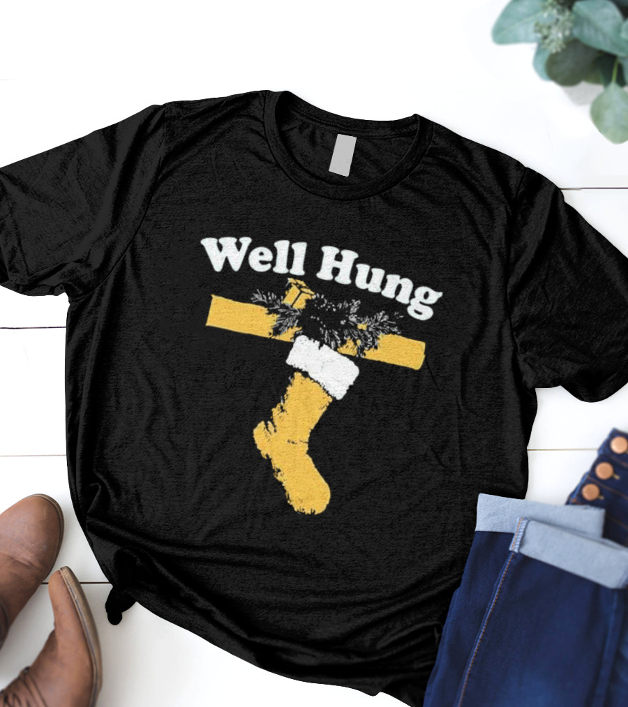 Well Hung Christmas Stocking Shot With Garland And Gift T-Shirt