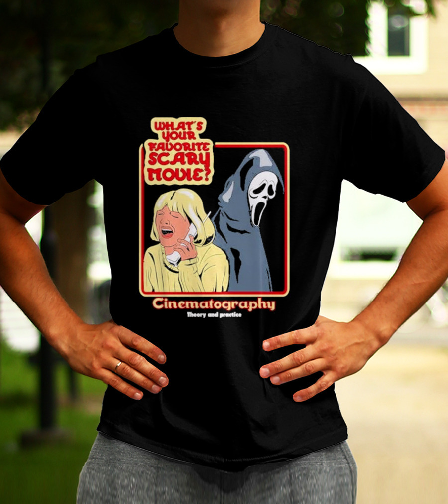 What’s Your Favorite Scary Movie Cinematography Theory And Practice Ghost Mask Girl On Phone T-Shirt