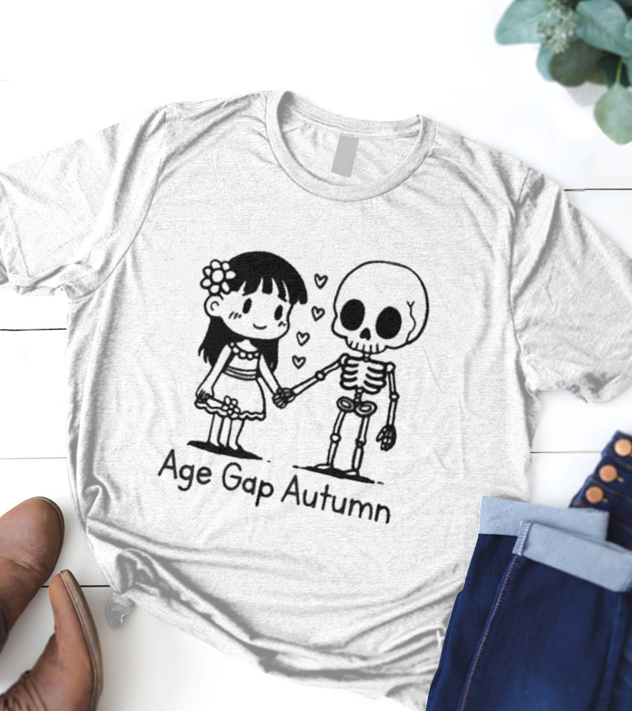 Age Gap Autumn Girl And Skeleton Holding Hands With Hearts T-Shirt