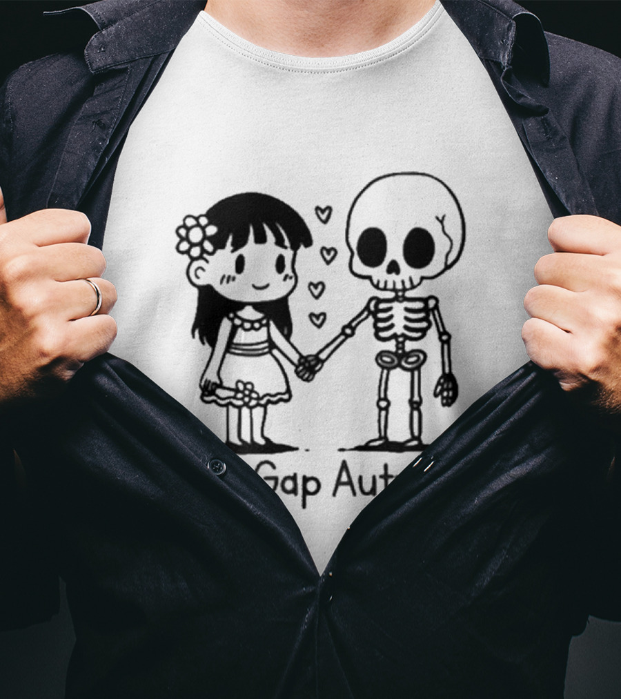 Age Gap Autumn Girl And Skeleton Holding Hands With Hearts T-Shirt