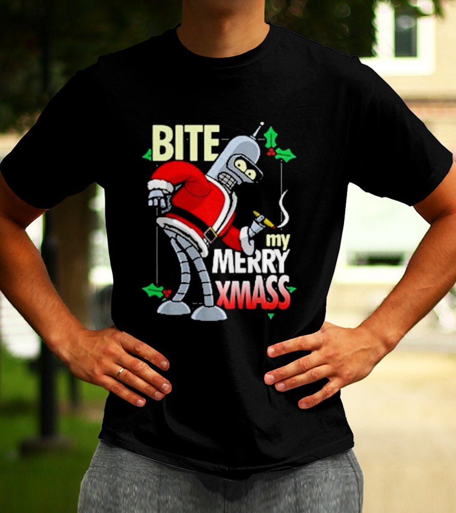 Bite My Merry Xmass Santa Robot Smoking Cigar T-Shirt