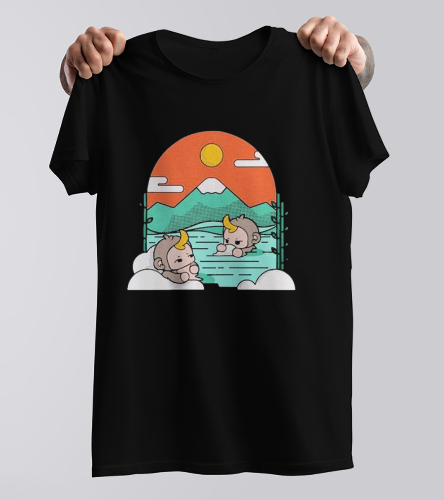 Cdawgva Tranquil Monkeys In Hot Springs With Mountains And Sunset T-Shirt