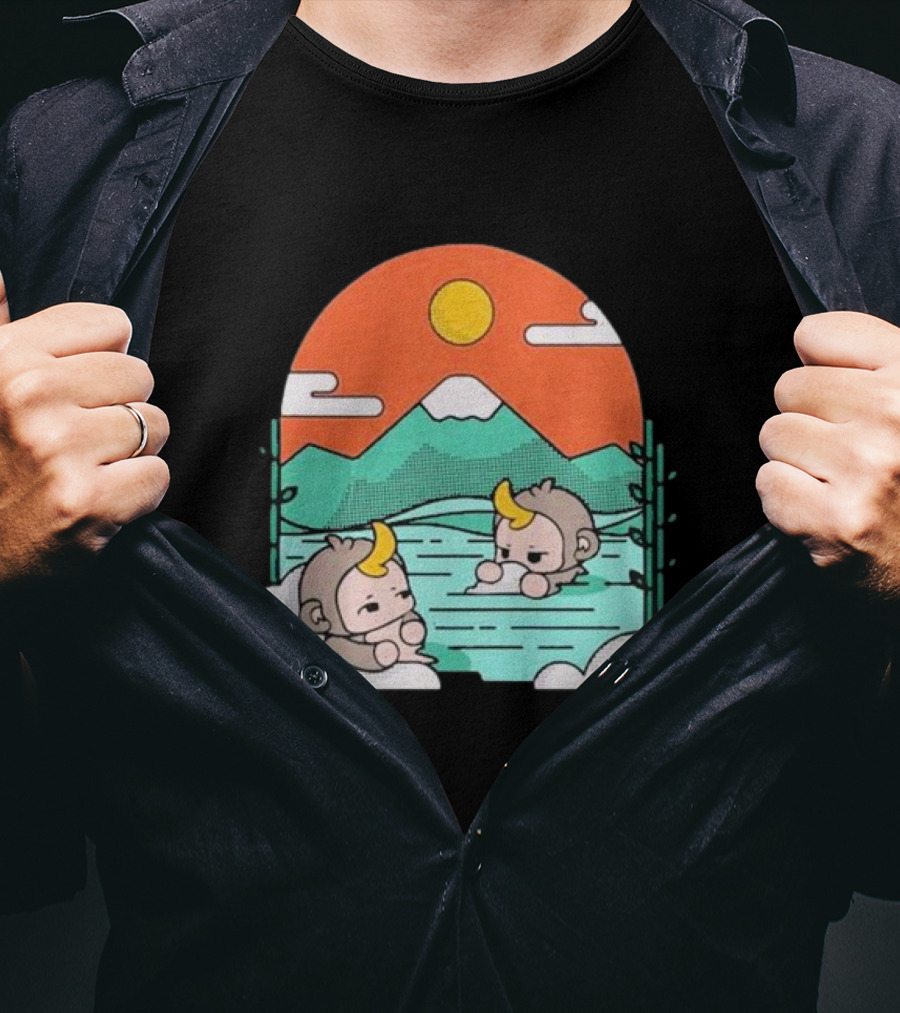 Cdawgva Tranquil Monkeys In Hot Springs With Mountains And Sunset T-Shirt