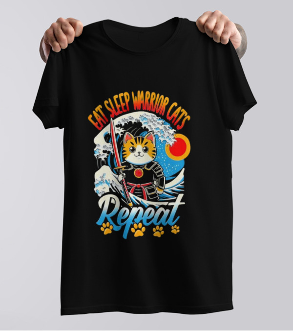 Eat Sleep Warrior Cats Repeat Great Wave Samurai Cat T-Shirt