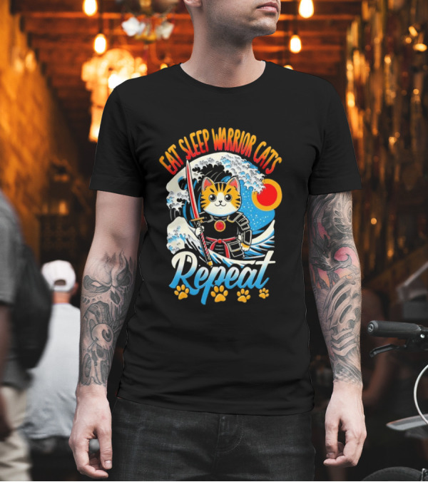 Eat Sleep Warrior Cats Repeat Great Wave Samurai Cat T-Shirt