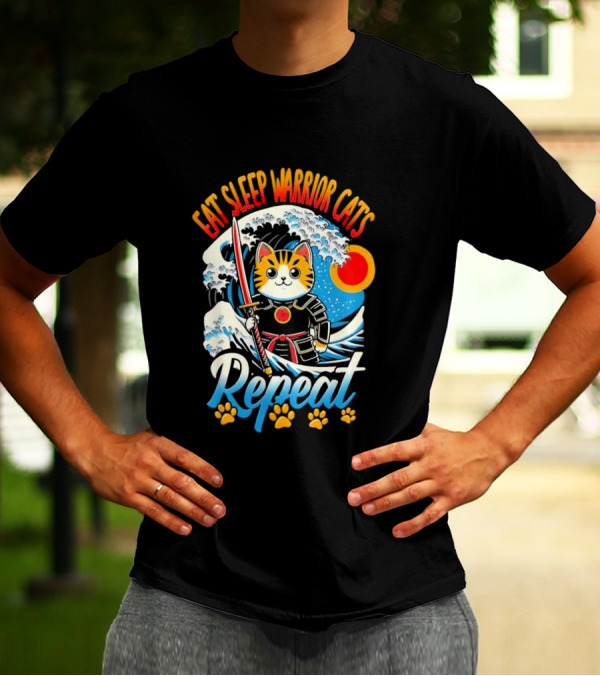 Eat Sleep Warrior Cats Repeat Great Wave Samurai Cat T-Shirt