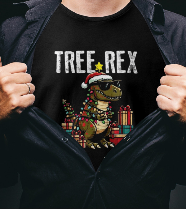 Christmas Dinosaur Tree Rex Xmas Trex Santa Hat And Presents T-Shirt