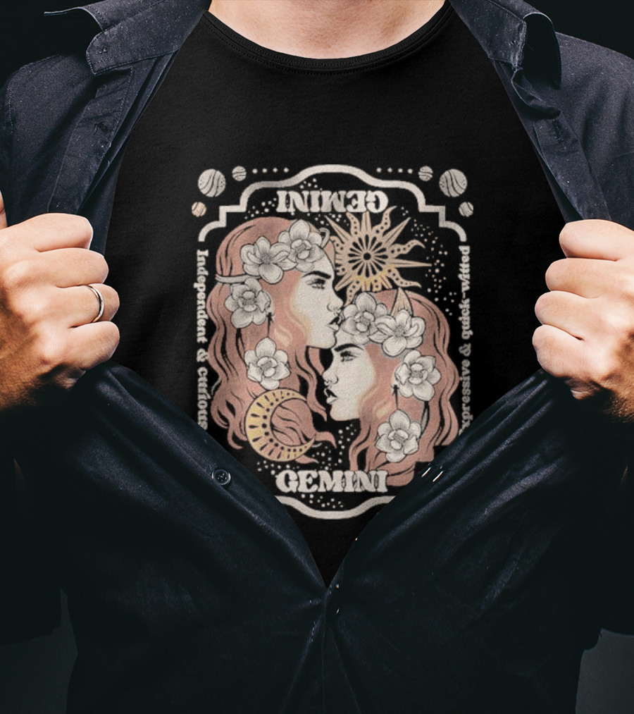 Gemini Independent Curious Expressive Quick Witted Zodiac Sun Moon Floral T-Shirt