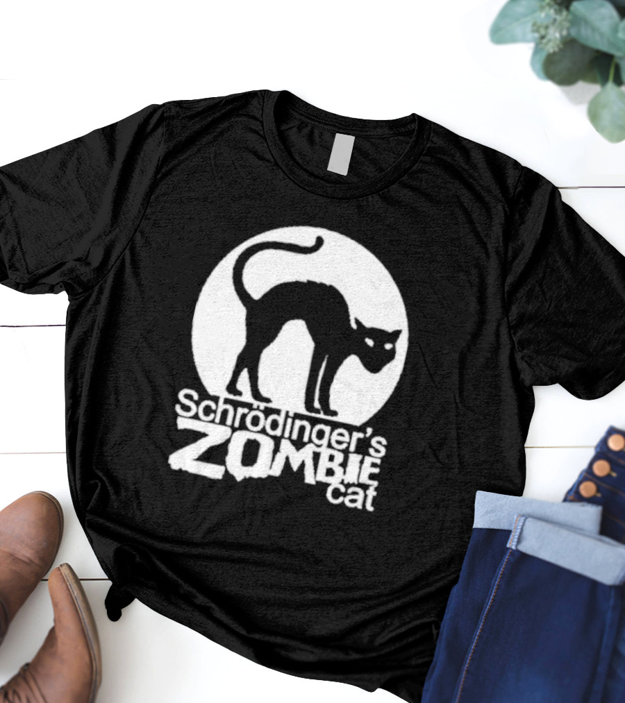 Schrodinger's Zombie Cat Black Silhouette With Round Moon Background T-Shirt