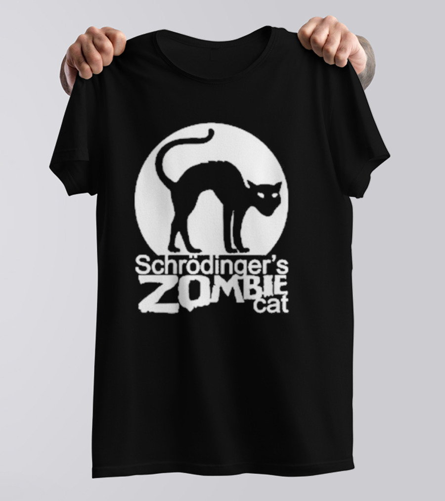 Schrodinger's Zombie Cat Black Silhouette With Round Moon Background T-Shirt