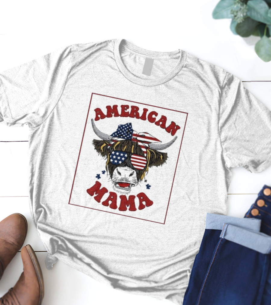 American Mama Cow Patriotic Flag Bandana And Glasses T-Shirt