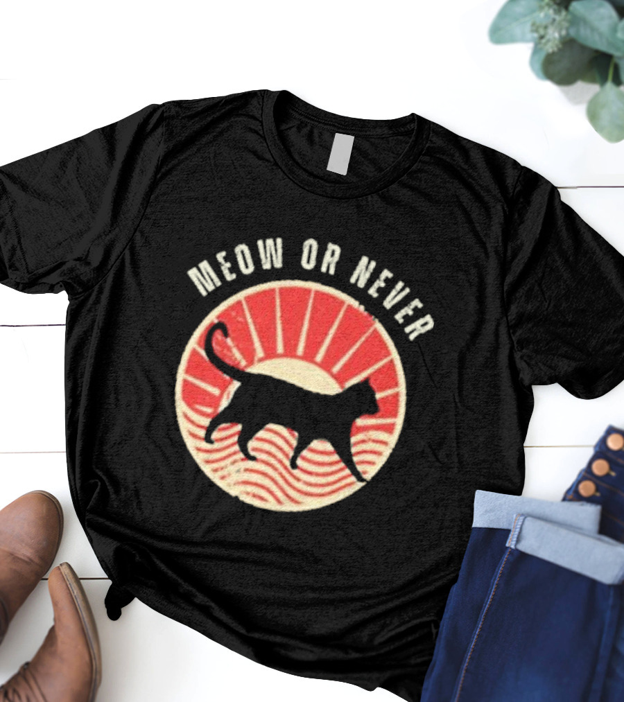 Meow Or Never Retro Sunset Cat T-Shirt