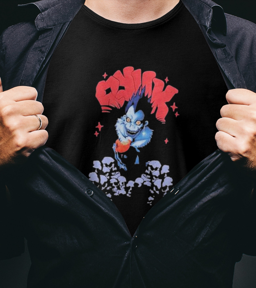 Death Note Ryuk Skull Puff Print Character With Red Spiked Lettering And Skulls T-Shirt