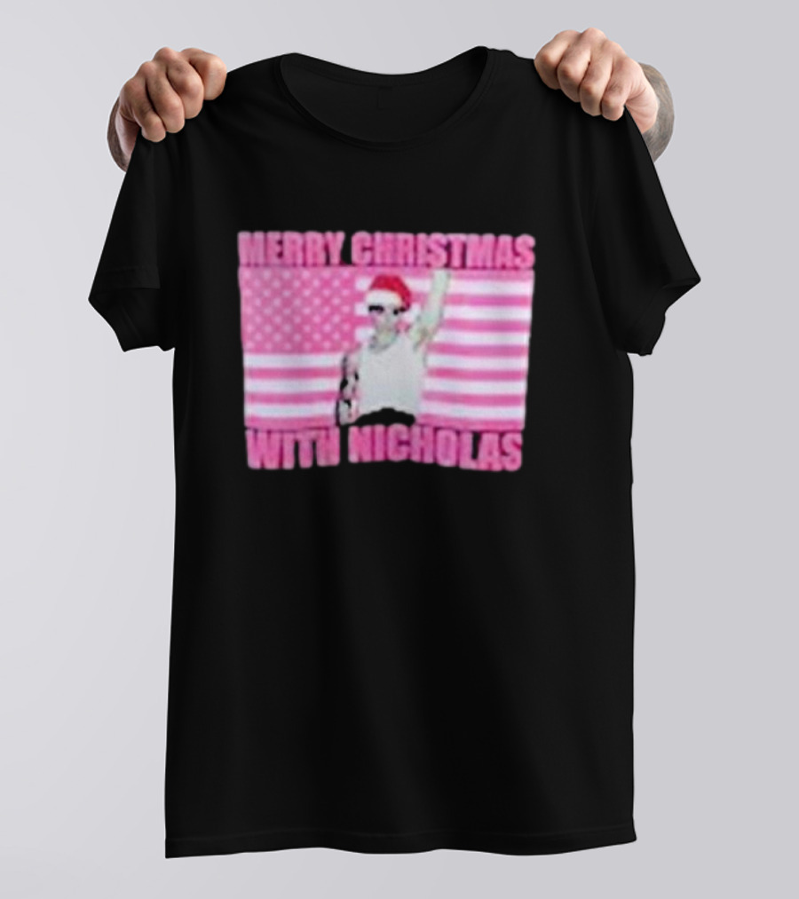 Merry Christmas With Nicholas Festive Santa Hat USA Flag T-Shirt