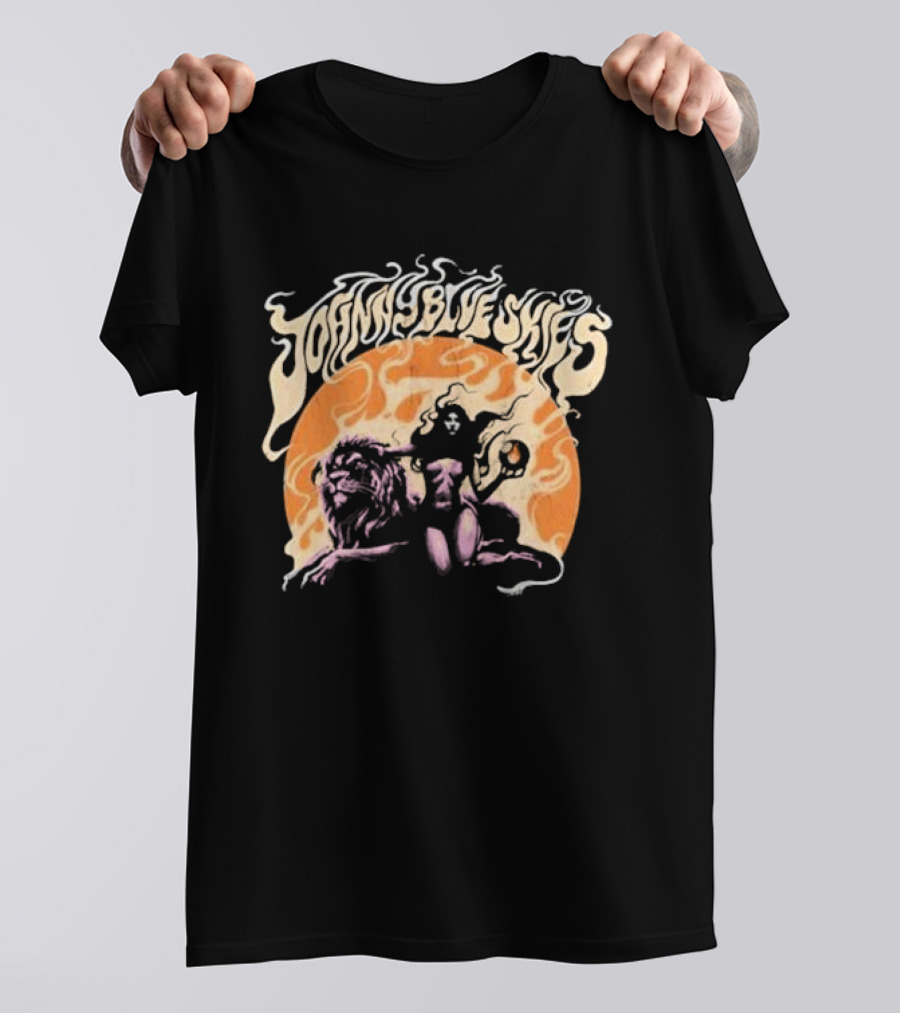 Johnny Blue Skies Sorceress With Lion Orange Background T-Shirt