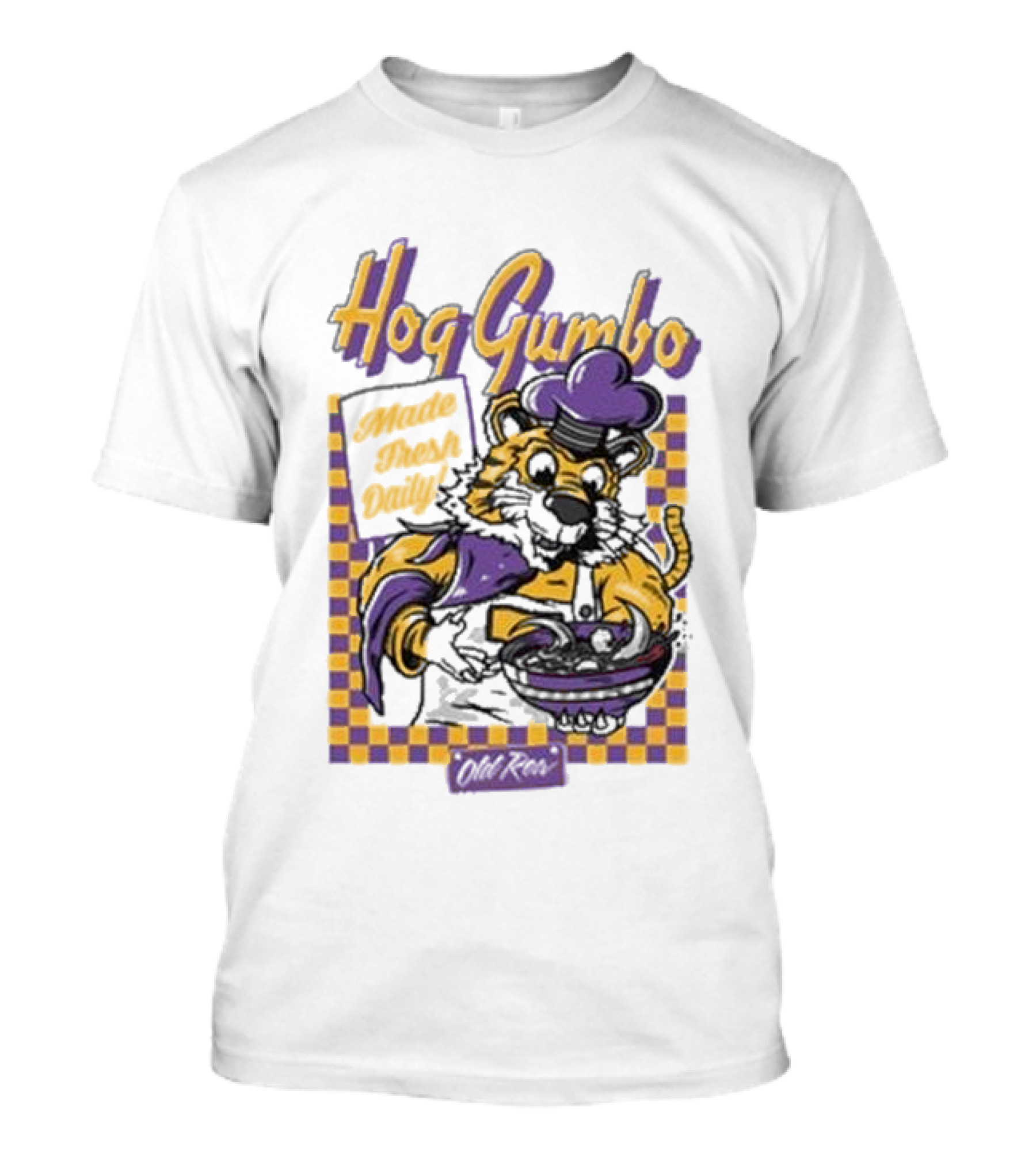 Old Row Hog Gumbo Made Fresh Daily Tiger Chef Purple Gold Checkered T-Shirt