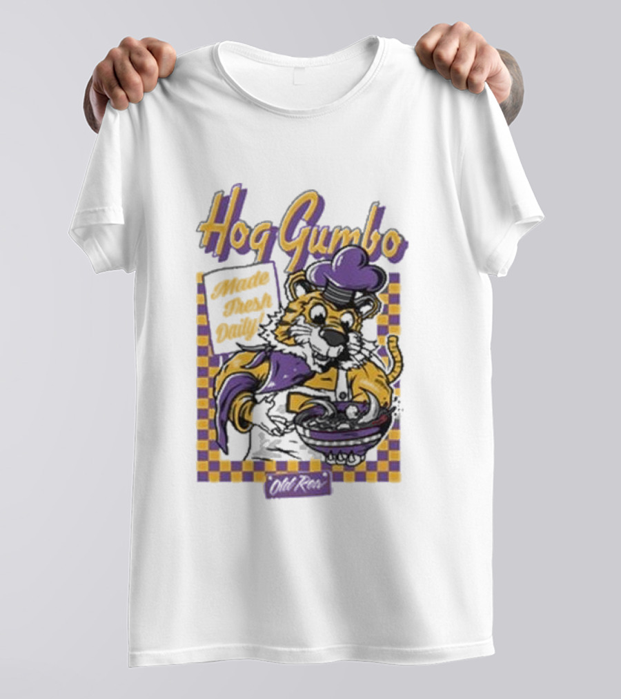 Old Row Hog Gumbo Made Fresh Daily Tiger Chef Purple Gold Checkered T-Shirt