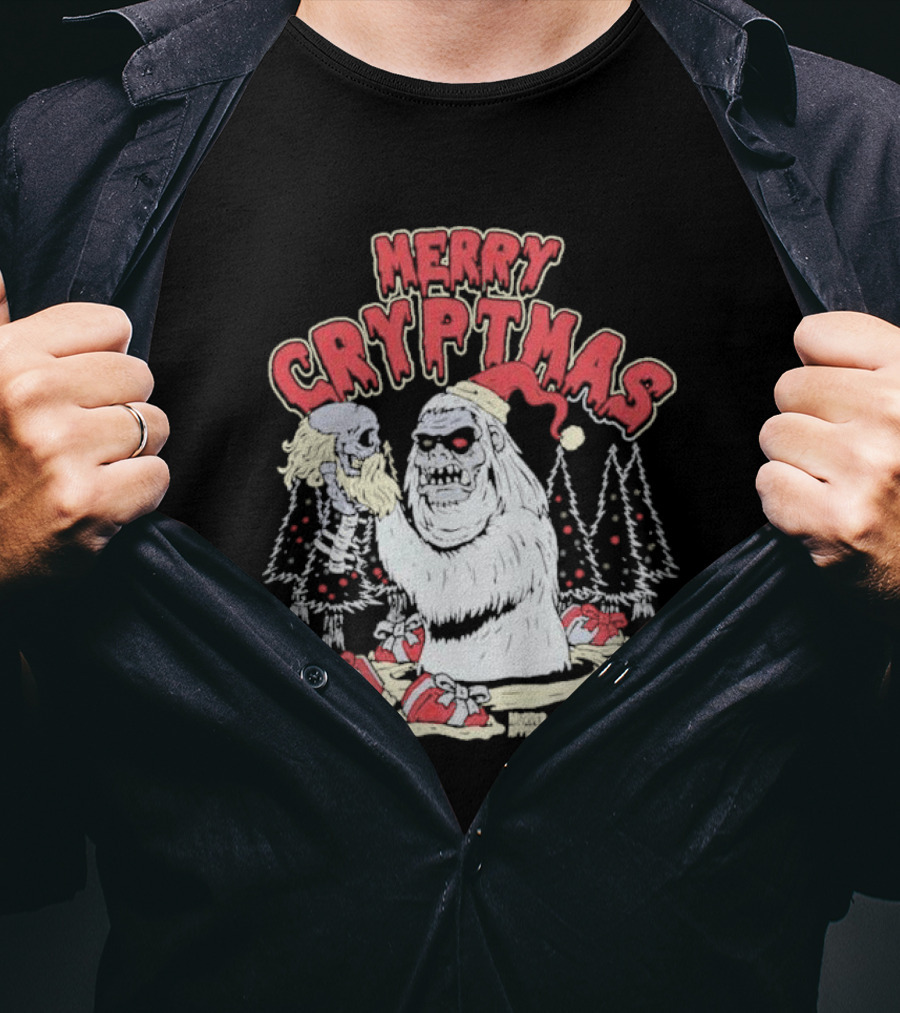 Merry Cryptmas Yeti Skull Santa Dark Humor T-Shirt