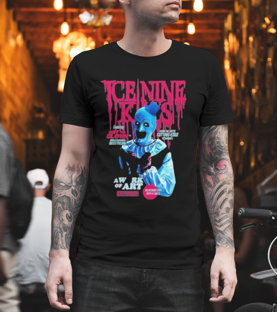 Rock Abilia Ice Nine Kills Black Featuring Art The Clown Cutting Edge Delivering Cake With A Smile T-Shirt