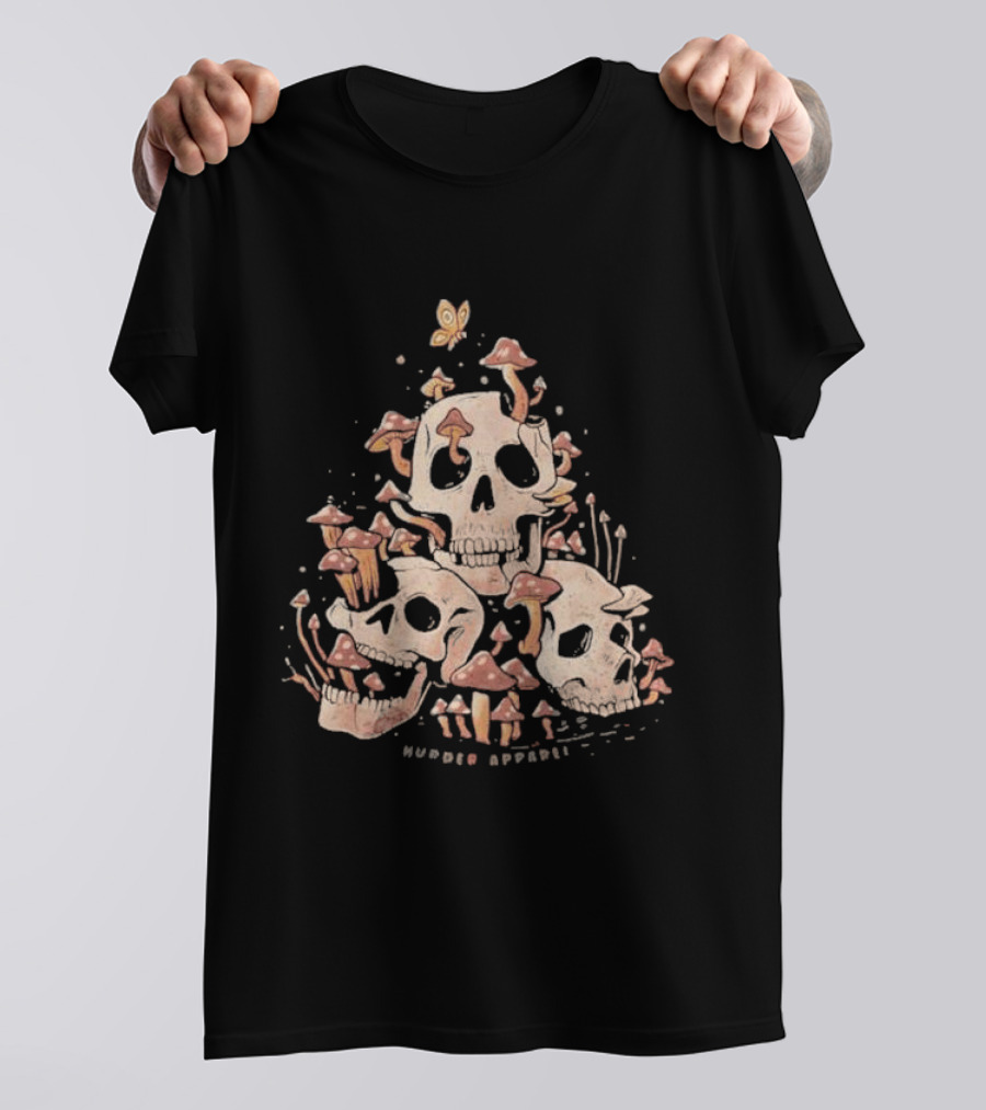 Skulls And Fungi Mushroom Murder Butterfly T-Shirt