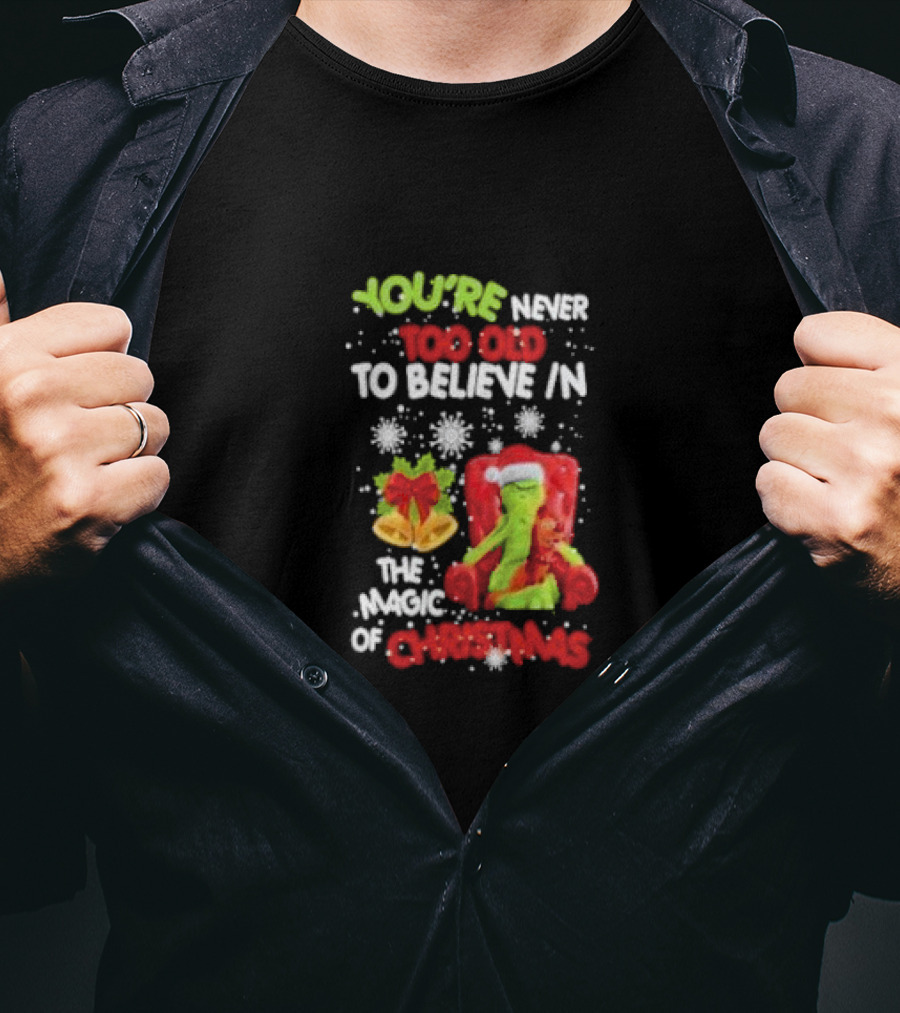 You're Never Too Old To Believe In The Magic Of Christmas With Santa Hat And Chair T-Shirt