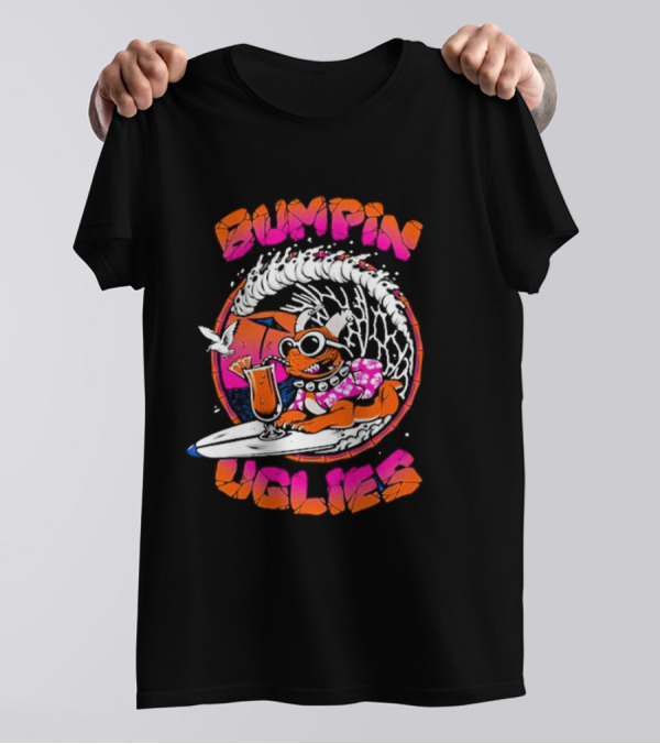 Bumpin Uglies Pug Riding Surf Wave With Cocktail And Sunglasses T-Shirt