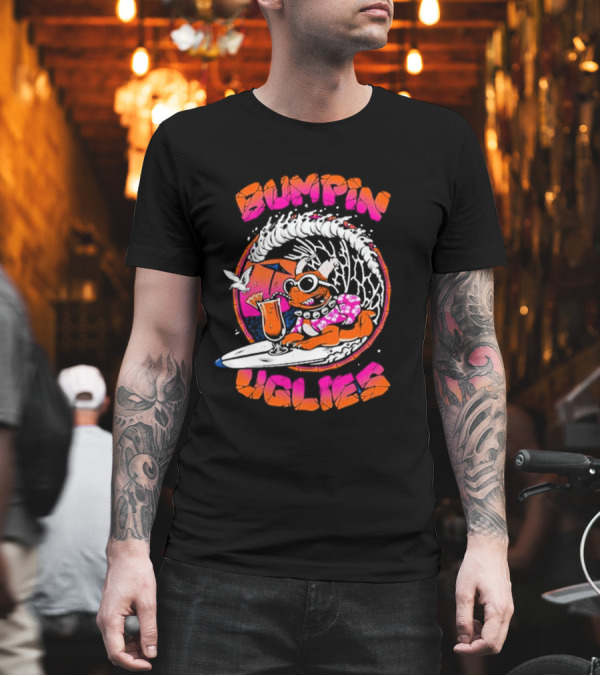 Bumpin Uglies Pug Riding Surf Wave With Cocktail And Sunglasses T-Shirt