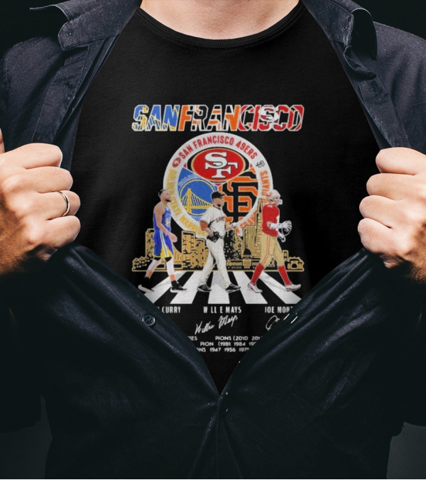 Golden State Warriors X San Francisco 49ers X San Francisco Giants San Francisco Signature Stephen Curry Willie Mays Joe Montana Thank You For The Memories Champions T-Shirt