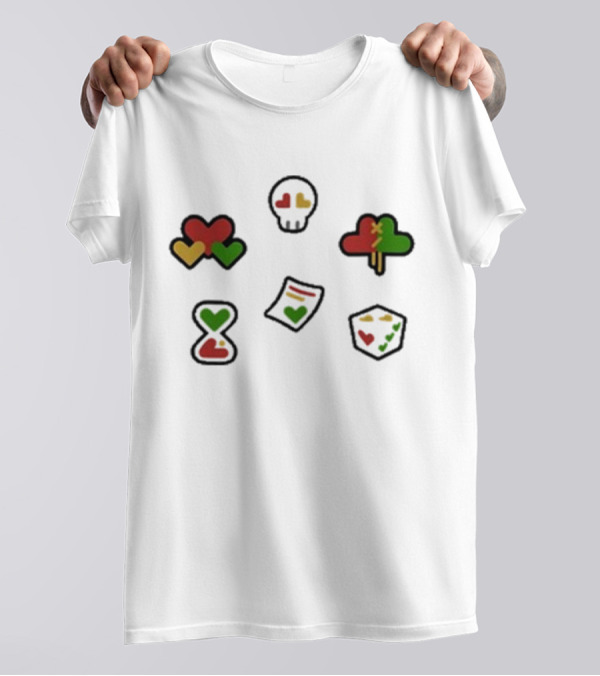 Grian 2024 Life Hearts Skull Tree Cube Time Document Icons T-Shirt