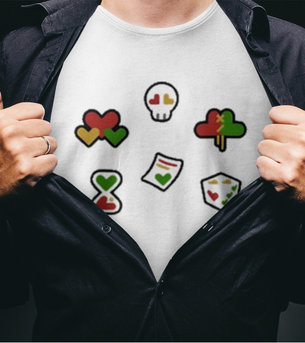 Grian 2024 Life Hearts Skull Tree Cube Time Document Icons T-Shirt